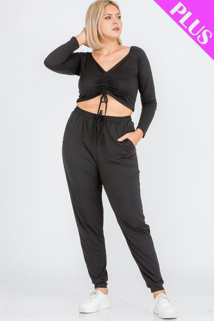 Plus Size Strap Ruched Top And Jogger Pants Set - Deals Kiosk