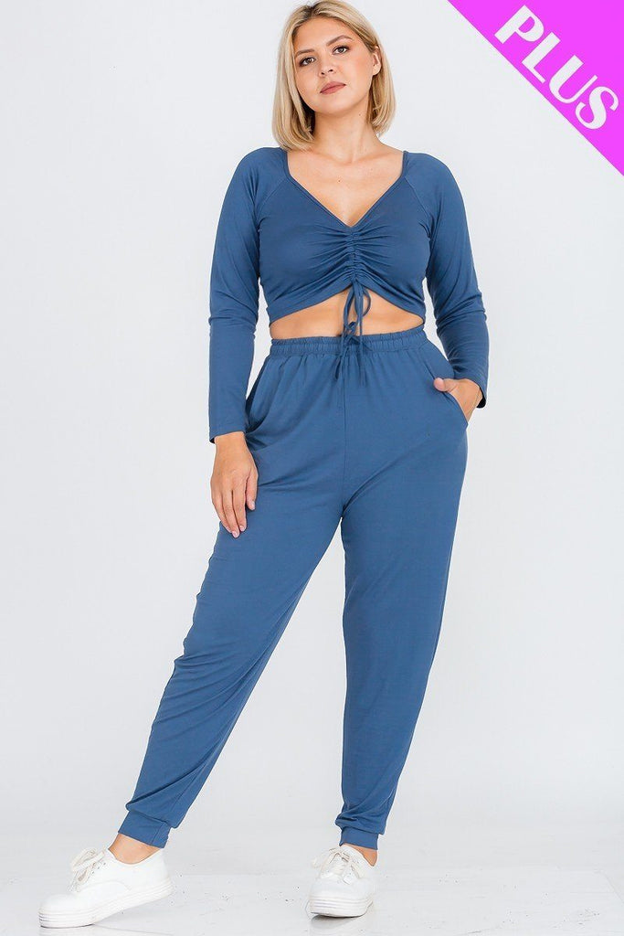 Plus Size Strap Ruched Top And Jogger Pants Set - Deals Kiosk