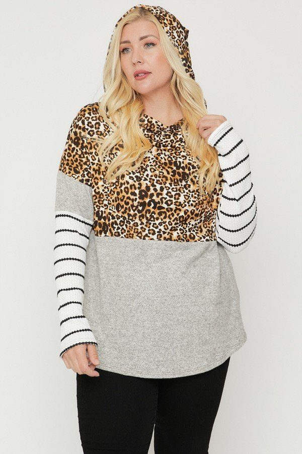 Plus Size Color Block Hoodie Featuring A Cheetah Print - Deals Kiosk