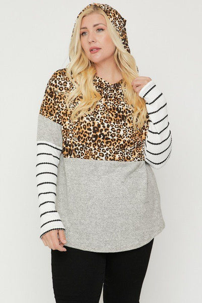 Plus Size Color Block Hoodie Featuring A Cheetah Print - Deals Kiosk