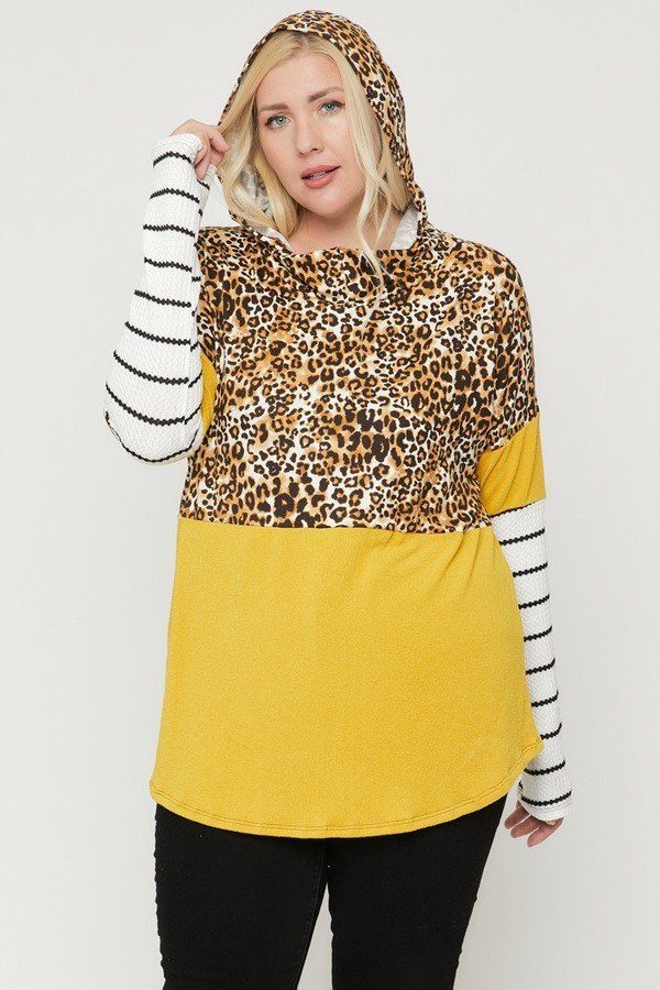 Plus Size Color Block Hoodie Featuring A Cheetah Print - Deals Kiosk