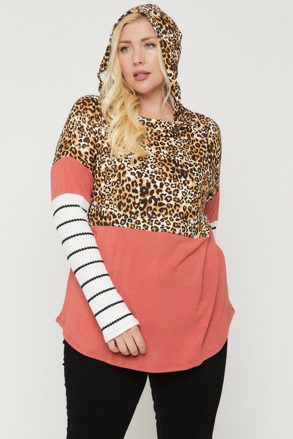Plus Size Color Block Hoodie Featuring A Cheetah Print - Deals Kiosk