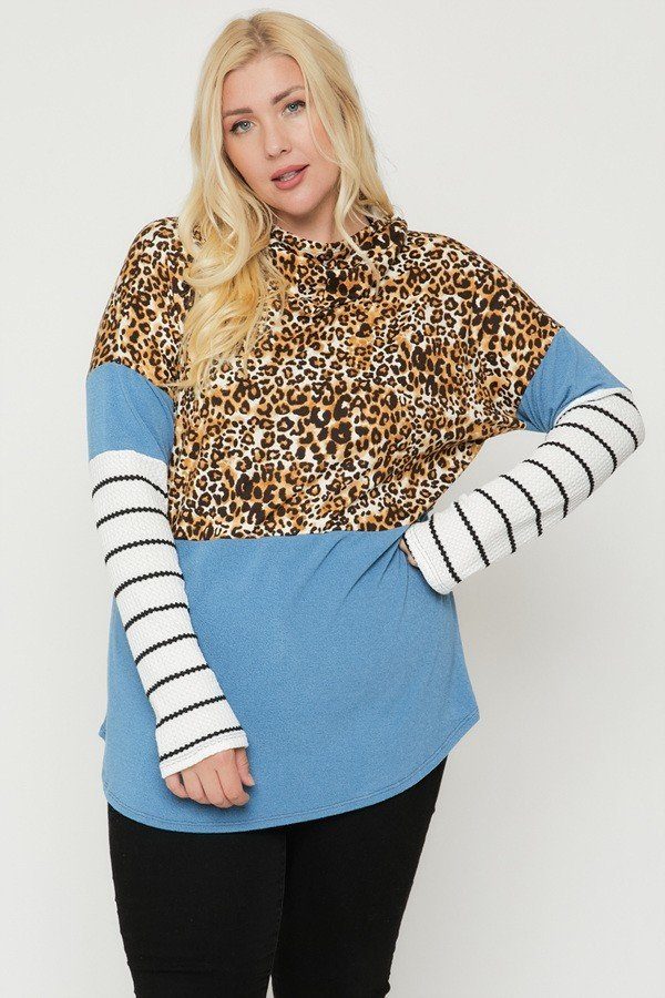 Plus Size Color Block Hoodie Featuring A Cheetah Print - Deals Kiosk