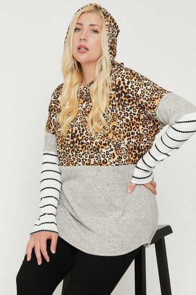 Plus Size Color Block Hoodie Featuring A Cheetah Print - Deals Kiosk