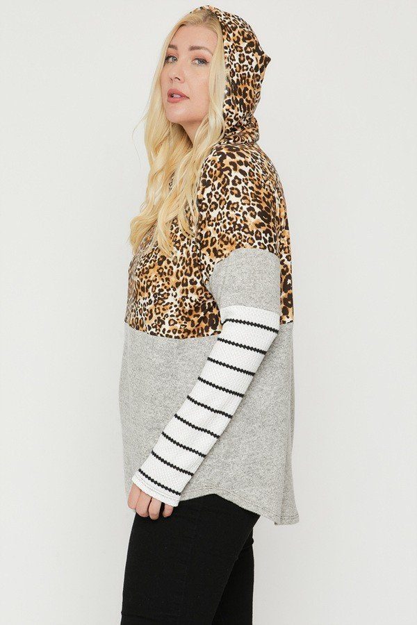 Plus Size Color Block Hoodie Featuring A Cheetah Print - Deals Kiosk