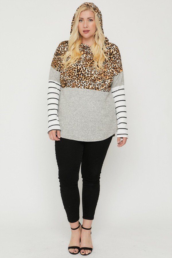 Plus Size Color Block Hoodie Featuring A Cheetah Print - Deals Kiosk