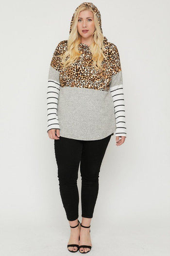 Plus Size Color Block Hoodie Featuring A Cheetah Print - Deals Kiosk