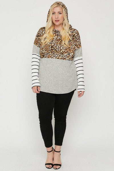 Plus Size Color Block Hoodie Featuring A Cheetah Print - Deals Kiosk
