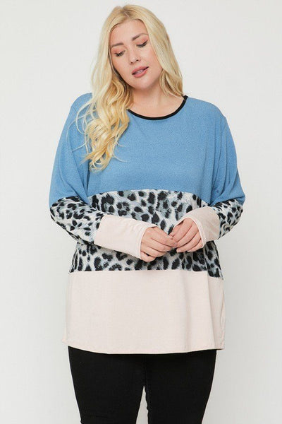 Plus Size Color Block Top Featuring A Leopard Print Top - Deals Kiosk