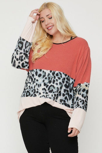 Plus Size Color Block Top Featuring A Leopard Print Top - Deals Kiosk