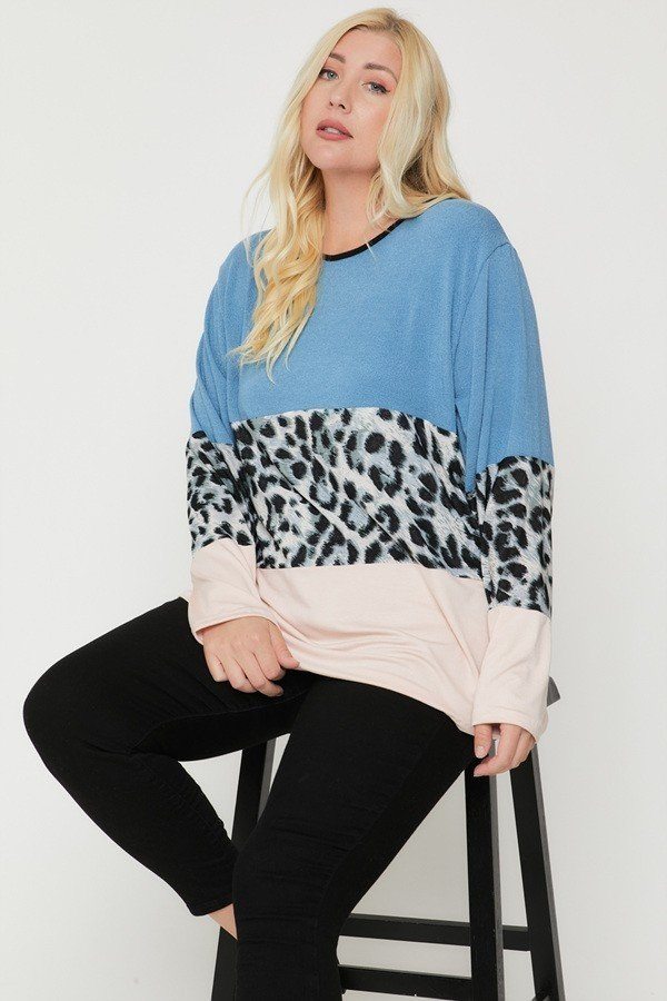 Plus Size Color Block Top Featuring A Leopard Print Top - Deals Kiosk
