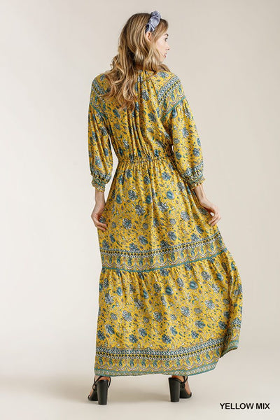 Paisley Print Smocked Ruffle Cuff Sleeve Elastic Waist Maxi Dress With Front String Tie - Deals Kiosk