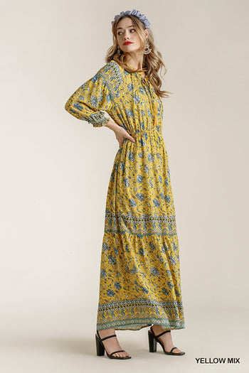 Paisley Print Smocked Ruffle Cuff Sleeve Elastic Waist Maxi Dress With Front String Tie - Deals Kiosk