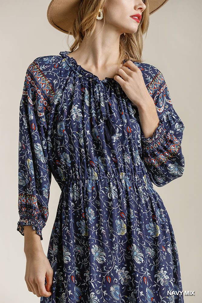 Paisley Print Smocked Ruffle Cuff Sleeve Elastic Waist Maxi Dress With Front String Tie - Deals Kiosk