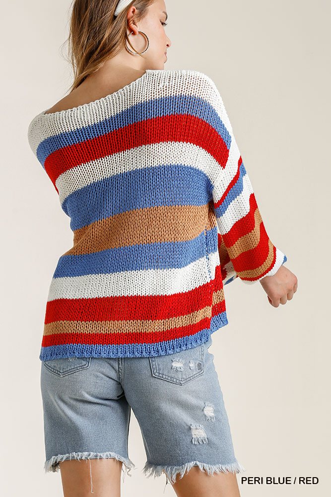 Multicolored Stripe Round Neck Long Sleeve Knit Sweater - Deals Kiosk