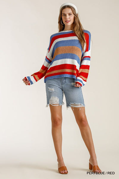 Multicolored Stripe Round Neck Long Sleeve Knit Sweater - Deals Kiosk