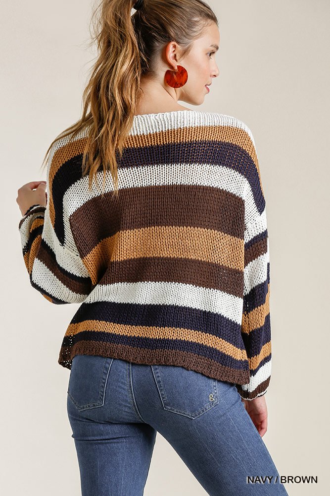 Multicolored Stripe Round Neck Long Sleeve Knit Sweater - Deals Kiosk