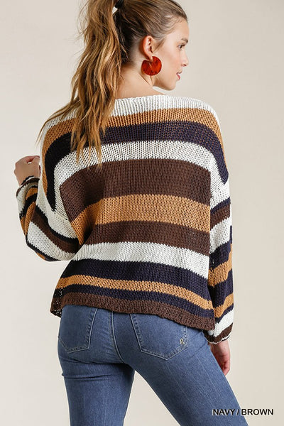 Multicolored Stripe Round Neck Long Sleeve Knit Sweater - Deals Kiosk