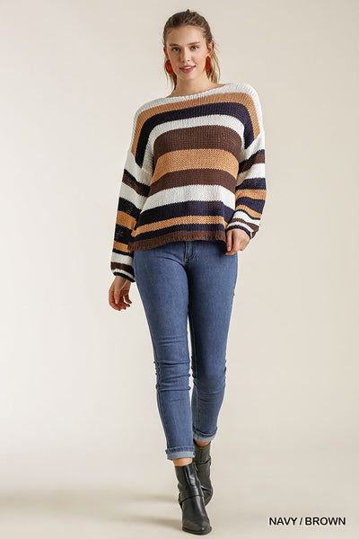Multicolored Stripe Round Neck Long Sleeve Knit Sweater - Deals Kiosk