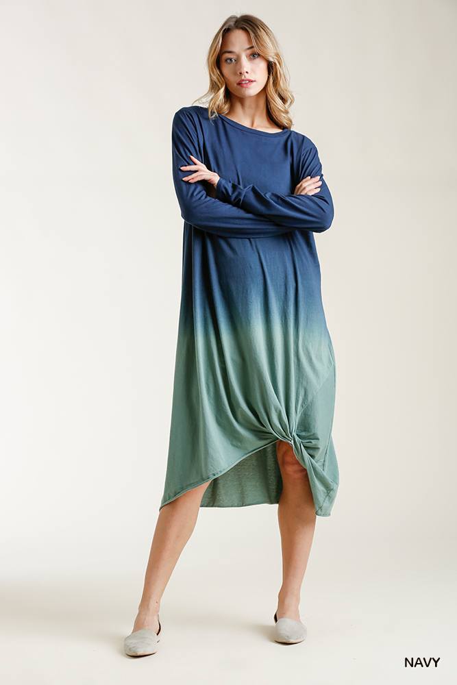 Ombre Front Knot Detail Long Sleeve Maxi Dress With Raw Hem - Deals Kiosk
