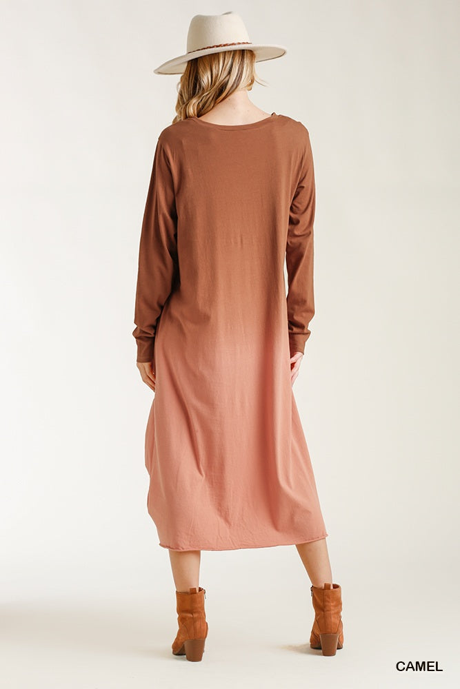 Ombre Front Knot Detail Long Sleeve Maxi Dress With Raw Hem - Deals Kiosk