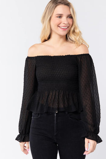 Off Shoulder Clip Dot Woven Top - Deals Kiosk