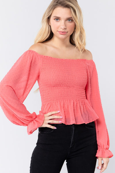 Off Shoulder Clip Dot Woven Top - Deals Kiosk