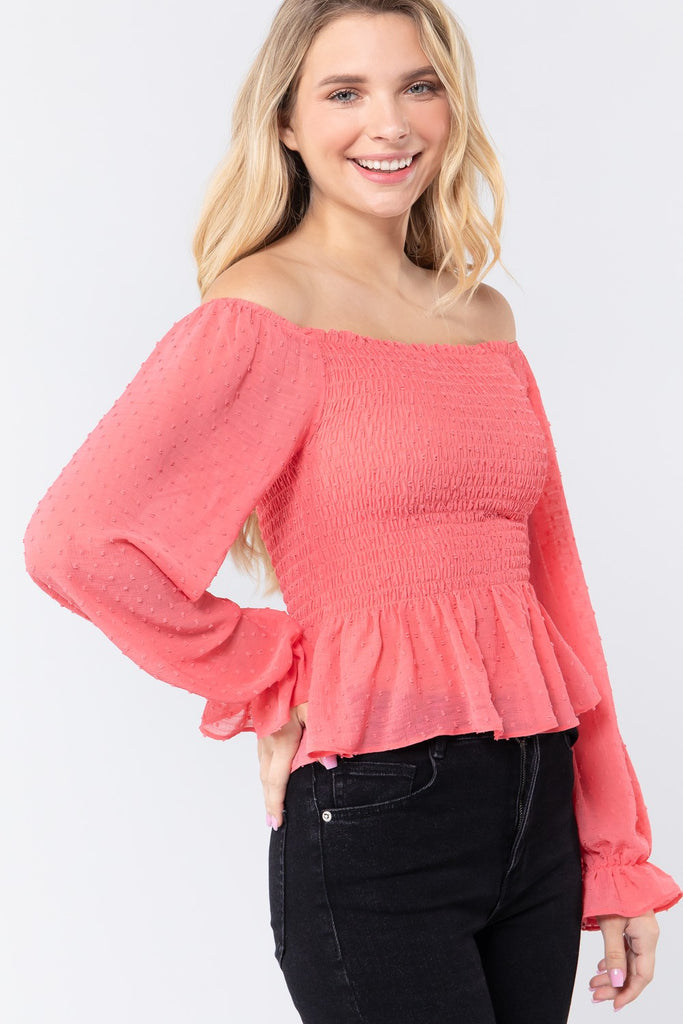 Off Shoulder Clip Dot Woven Top - Deals Kiosk