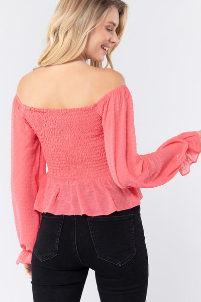 Off Shoulder Clip Dot Woven Top - Deals Kiosk