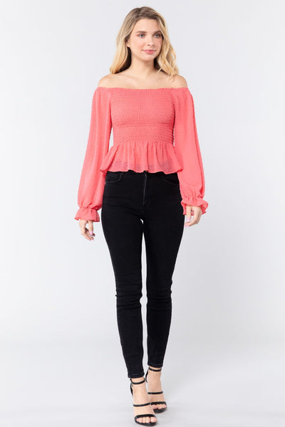 Off Shoulder Clip Dot Woven Top - Deals Kiosk