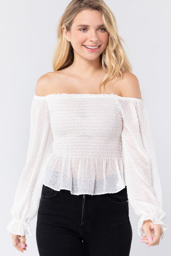 Off Shoulder Clip Dot Woven Top - Deals Kiosk