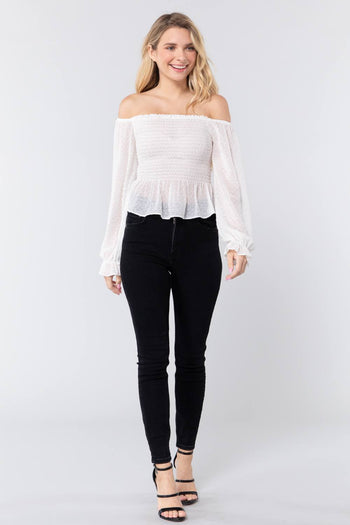 Off Shoulder Clip Dot Woven Top - Deals Kiosk