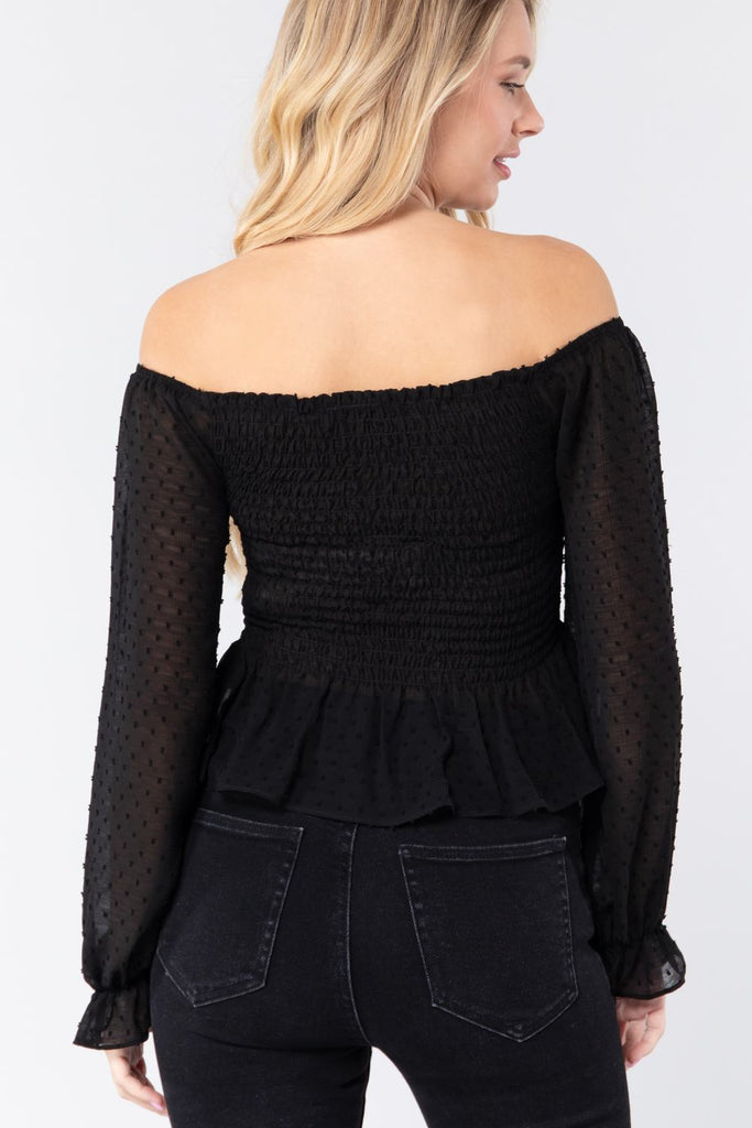 Off Shoulder Clip Dot Woven Top - Deals Kiosk