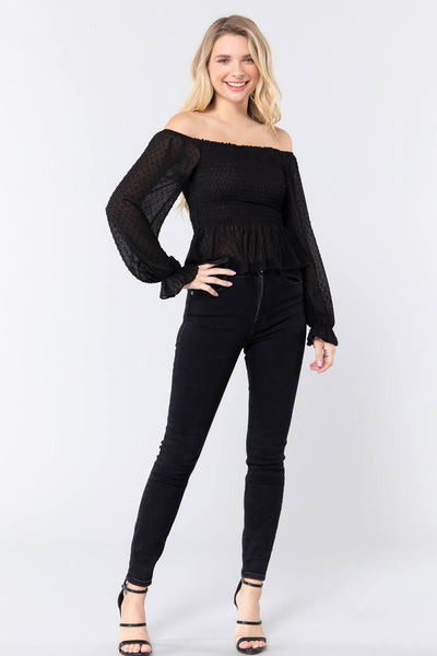 Off Shoulder Clip Dot Woven Top - Deals Kiosk