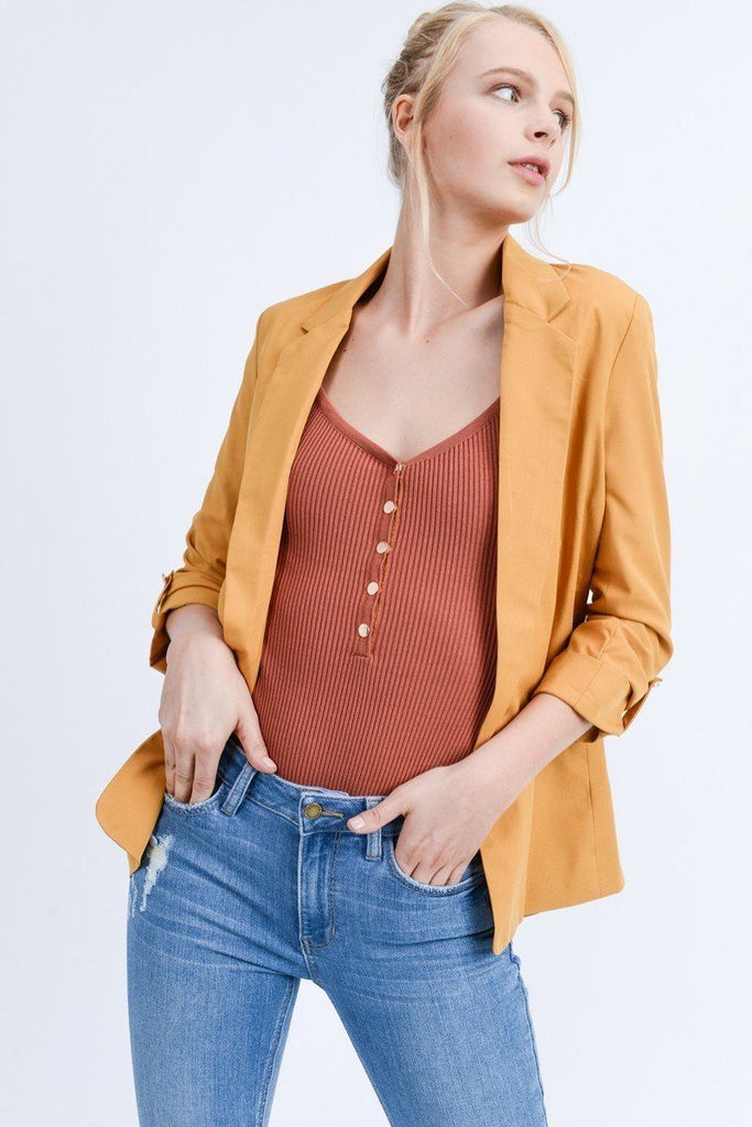 Open Front Roll Up Sleeve Blazer Jacket - Deals Kiosk