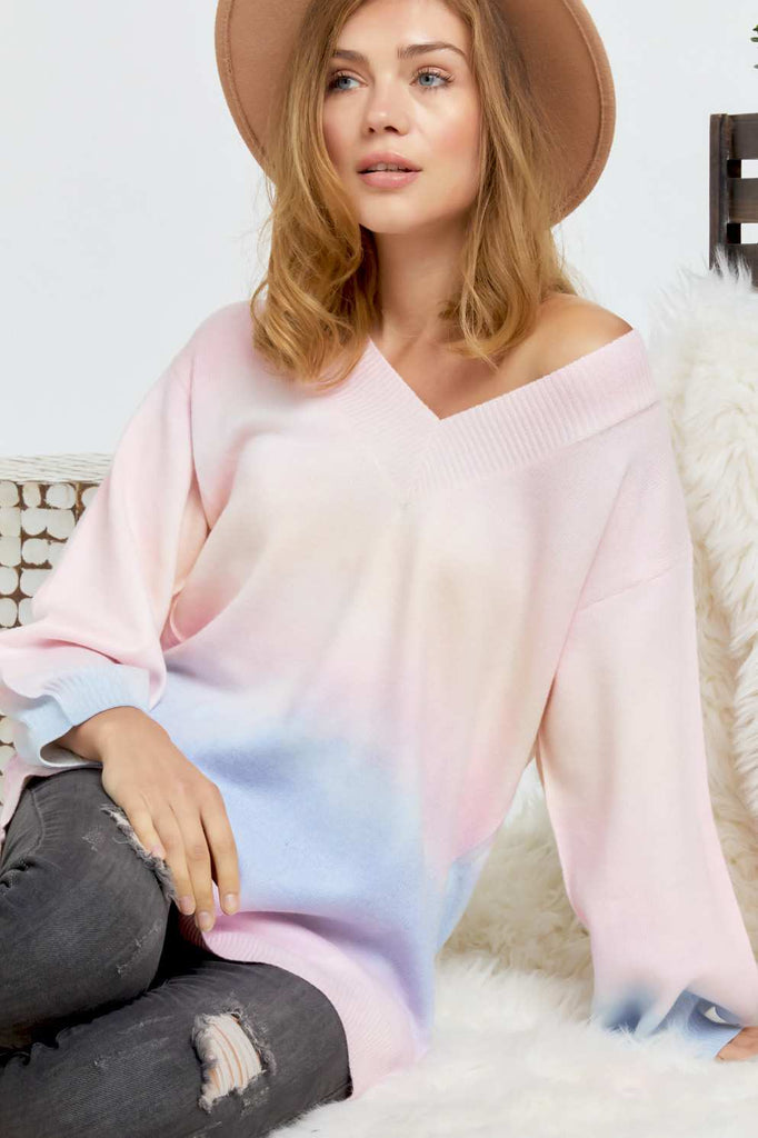 Multi Sherbet Tie Dye Color V Neck Sweater - Deals Kiosk