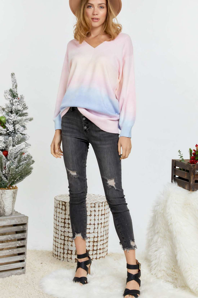 Multi Sherbet Tie Dye Color V Neck Sweater - Deals Kiosk