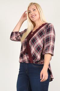 Plaid 3/4 Sleeve Top With Hi-lo Hem, V-neckline, And Relaxed Fit - Deals Kiosk