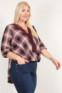 Plaid 3/4 Sleeve Top With Hi-lo Hem, V-neckline, And Relaxed Fit - Deals Kiosk