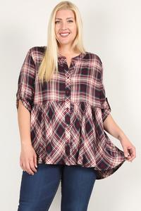 Plus Size Roll Sleeve Baby Doll Plaid Tunic Top - Deals Kiosk