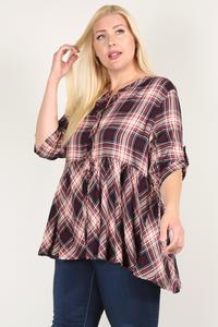 Plus Size Roll Sleeve Baby Doll Plaid Tunic Top - Deals Kiosk