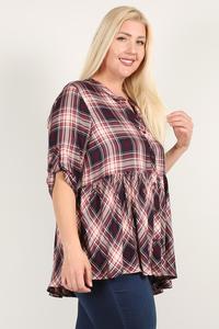 Plus Size Roll Sleeve Baby Doll Plaid Tunic Top - Deals Kiosk