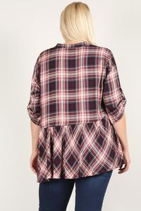 Plus Size Roll Sleeve Baby Doll Plaid Tunic Top - Deals Kiosk