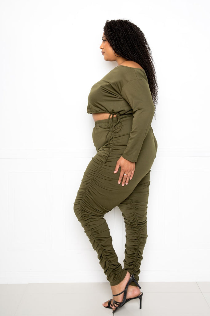 Off Shoulder Cropped Top And Ruched Leggings Sets - Deals Kiosk