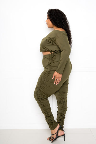 Off Shoulder Cropped Top And Ruched Leggings Sets - Deals Kiosk