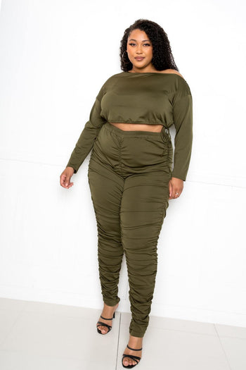 Off Shoulder Cropped Top And Ruched Leggings Sets - Deals Kiosk