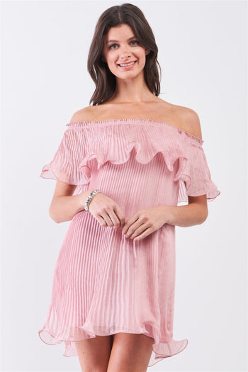 Pink Pleated Off-the-shoulder Double Layered Frill Trim Mini Dress - Deals Kiosk