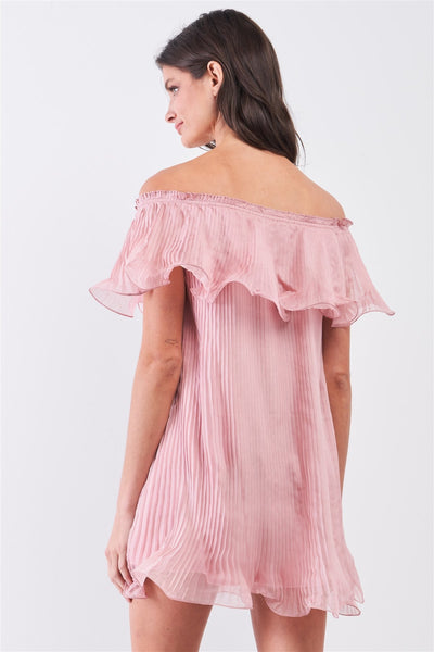 Pink Pleated Off-the-shoulder Double Layered Frill Trim Mini Dress - Deals Kiosk