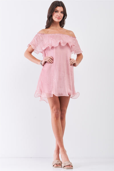 Pink Pleated Off-the-shoulder Double Layered Frill Trim Mini Dress - Deals Kiosk