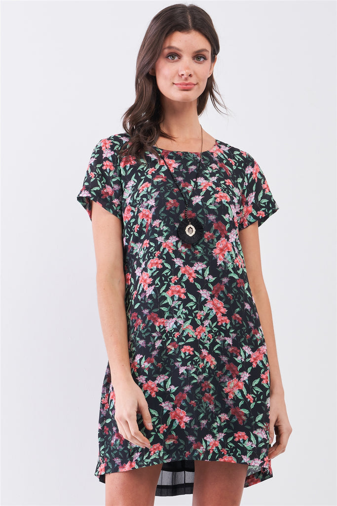 Black Multicolor Floral Print Pleated Back Detail Relaxed Mini Dress - Deals Kiosk